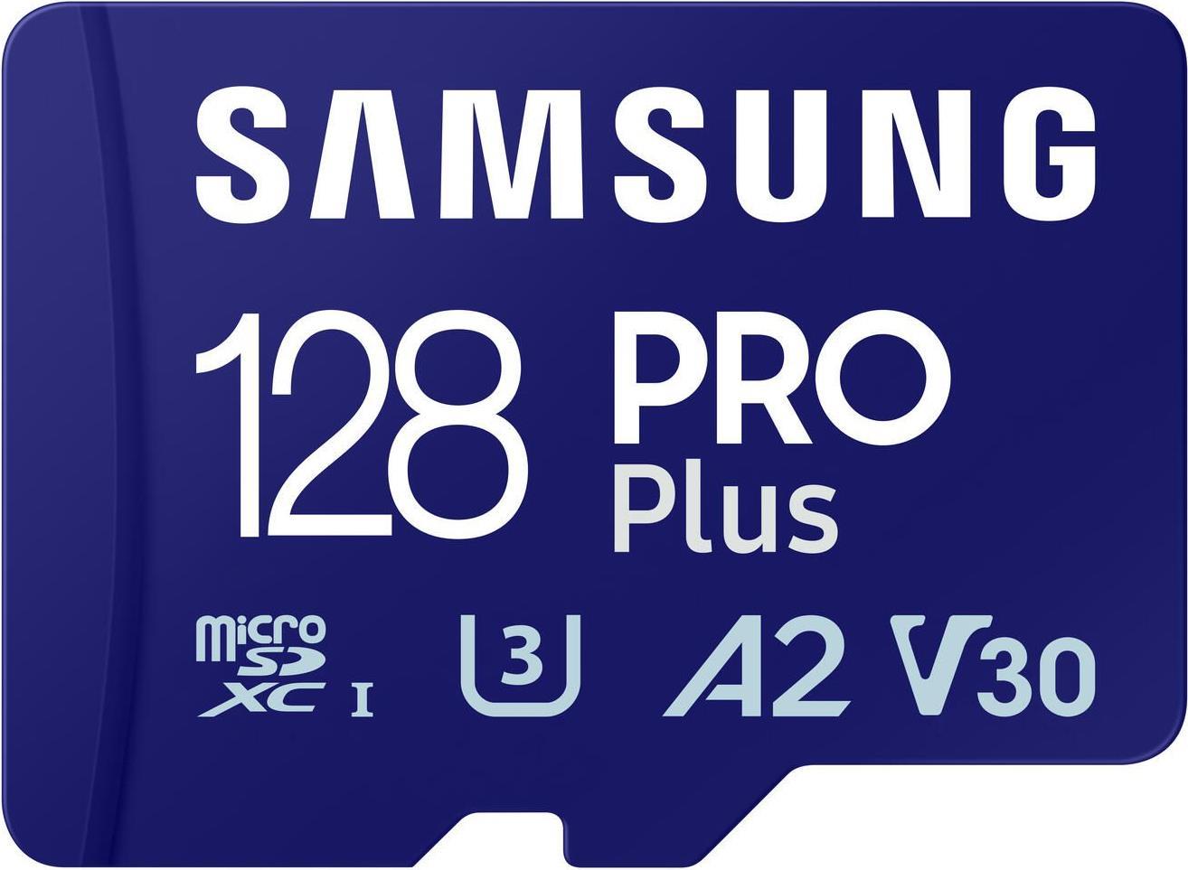 Kurzinfo: Samsung PRO Plus MB-MD128SA - Flash-Speicherkarte (microSDXC-an-SD-Adapter inbegriffen) - 128 GB - A2 / Video Class V30 / UHS-I U3 - microSDXC UHS-I - Blau Gruppe Flash-Speicher Hersteller Samsung Hersteller Art. Nr. MB-MD128SA/EU Modell PRO Plus MB-MD128SA EAN/UPC 8806094788112 Produktbeschreibung: Samsung PRO Plus MB-MD128SA - Flash-Speicherkarte - 128 GB - microSDXC UHS-I Produkttyp Flash-Speicherkarte Formfaktor microSDXC UHS-I Speicherkarte Speicherkapazität 128 GB Geschwindigkeit A2 / Video Class V30 / UHS-I U3 Farbe Blau Enthaltener Speicheradapter microSDXC-an-SD-Adapter Ausführliche Details Allgemein Produkttyp Flash-Speicherkarte Speicherkapazität 128 GB Farbe Blau Arbeitsspeicher Geschwindigkeitsklasse A2 / Video Class V30 / UHS-I U3 Lesegeschwindigkeit Bis zu 180 MB/s Schreibgeschwindigkeit Bis zu 130 MB/s Formfaktor microSDXC UHS-I Speicherkarte Besonderheiten Mit Magnetschutz