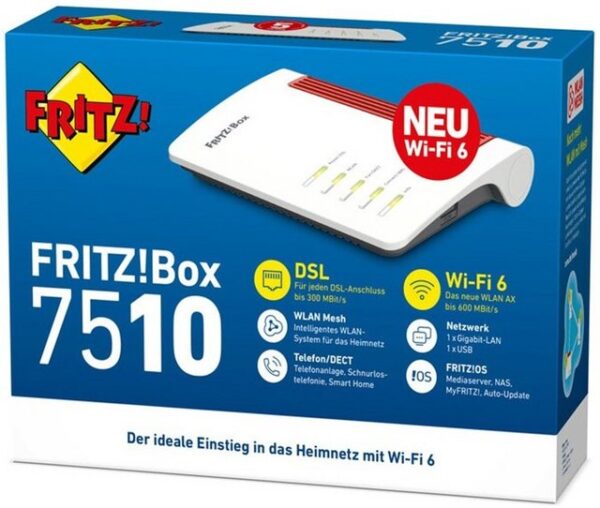 Highlights Die FRITZ!Box 7510 mit Wi-Fi 6 ist das ideale Einsteigermodell für ein schnelles und stabiles kabelloses Heimnetz. Der neue WLAN-Standard ist deutlich schneller und effizienter: durch eine optimale Ausnutzung der WLAN-Kanäle lässt sich mittels Wi-Fi 6 eine Vielzahl von WLAN-Geräten stabil ins Heimnetz integrieren. Parallele Streams