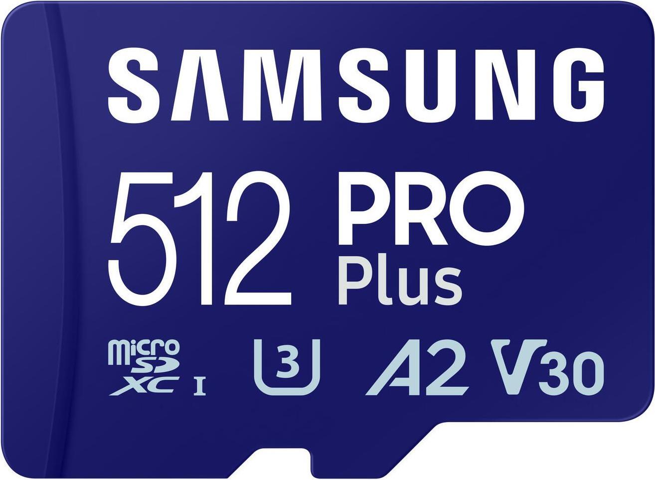 Kurzinfo: Samsung PRO Plus MB-MD512SA - Flash-Speicherkarte (microSDXC-an-SD-Adapter inbegriffen) - 512 GB - A2 / Video Class V30 / UHS-I U3 - microSDXC UHS-I - Blau Gruppe Flash-Speicher Hersteller Samsung Hersteller Art. Nr. MB-MD512SA/EU Modell PRO Plus MB-MD512SA EAN/UPC 8806094780550 Produktbeschreibung: Samsung PRO Plus MB-MD512SA - Flash-Speicherkarte - 512 GB - microSDXC UHS-I Produkttyp Flash-Speicherkarte Formfaktor microSDXC UHS-I Speicherkarte Speicherkapazität 512 GB Geschwindigkeit A2 / Video Class V30 / UHS-I U3 Farbe Blau Enthaltener Speicheradapter microSDXC-an-SD-Adapter Ausführliche Details Allgemein Produkttyp Flash-Speicherkarte Speicherkapazität 512 GB Farbe Blau Arbeitsspeicher Geschwindigkeitsklasse A2 / Video Class V30 / UHS-I U3 Lesegeschwindigkeit Bis zu 180 MB/s Schreibgeschwindigkeit Bis zu 130 MB/s Formfaktor microSDXC UHS-I Speicherkarte Besonderheiten Mit Magnetschutz