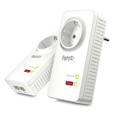 Set mit FRITZ!Powerline 1220 + 1220 / Powerline bis zu 1.200 MBit/s / 4x Gigabit LAN Ports (insgesamt) / MIMO-Technologie / Integrierte 230V-Steckdose