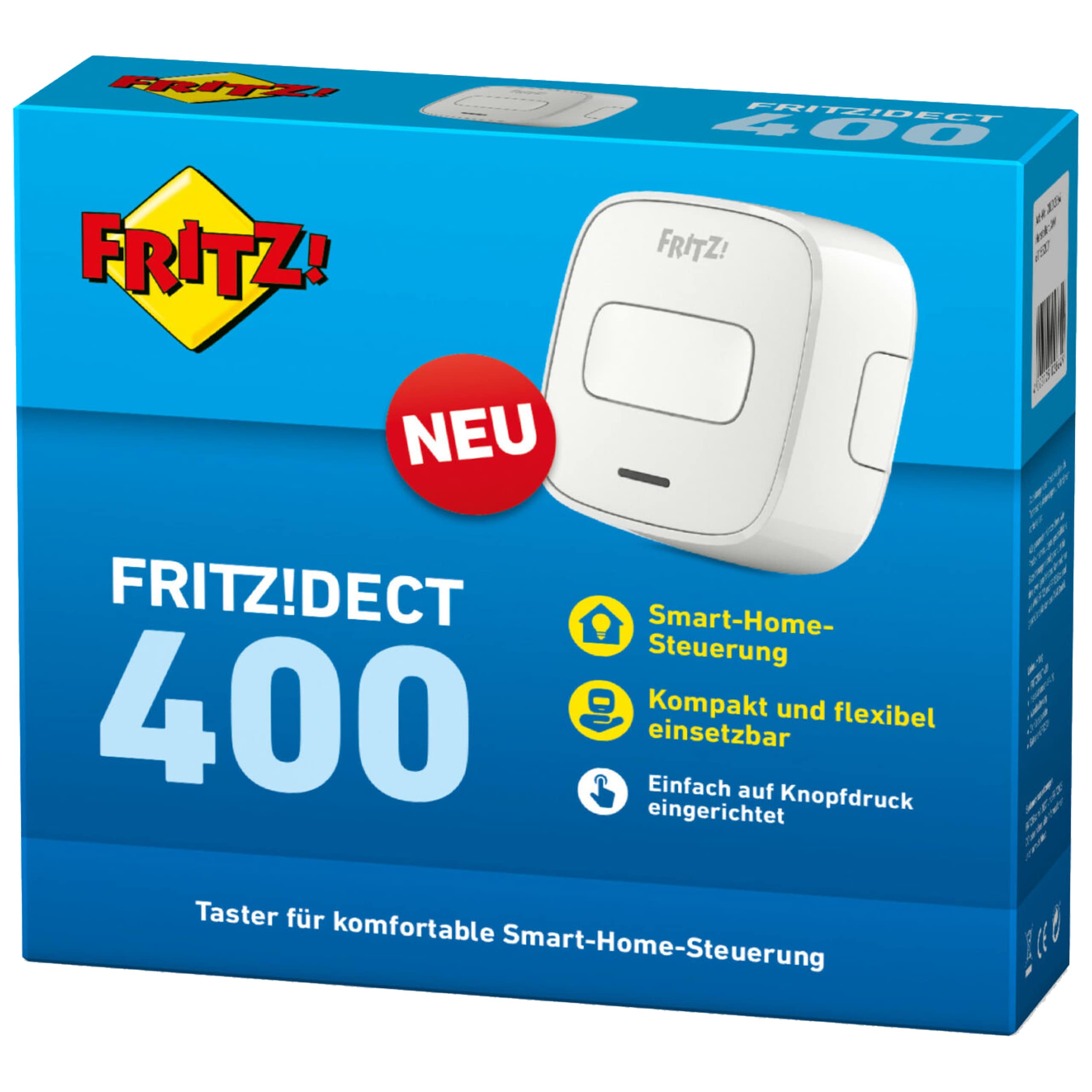 AVM FRITZ!DECT 400 - Smart Switch - Partnerprogramm:Nein - Grading:Neuware - Zustand:Neu - Farbe:Weiß - Kommunikation:WLAN - Batterie- Akkutyp: 1x CR123A / 3V  - Produkttyp:Smart Switch