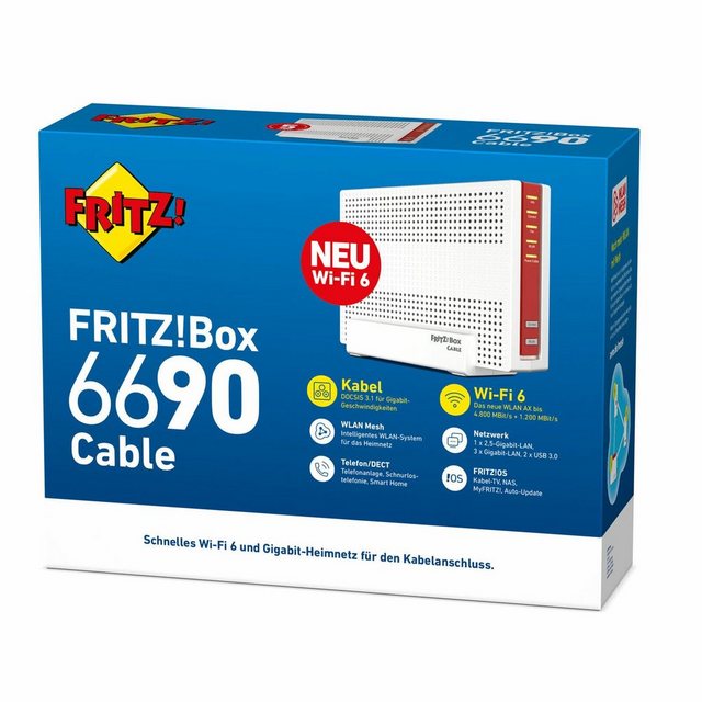 Highlights FRITZ!Box 6690 Cable High-Speed-WLAN am Kabelanschluss Die FRITZ!Box 6690 Cable ist das Herzstück Ihres Heimnetzes für grenzenlosen WLAN-Spaß und Ihre Internet- und Multimediabedürfnisse. Ein weiteres Highlight ist der Gigabit-Kabelanschluss nach DOCSIS 3.1