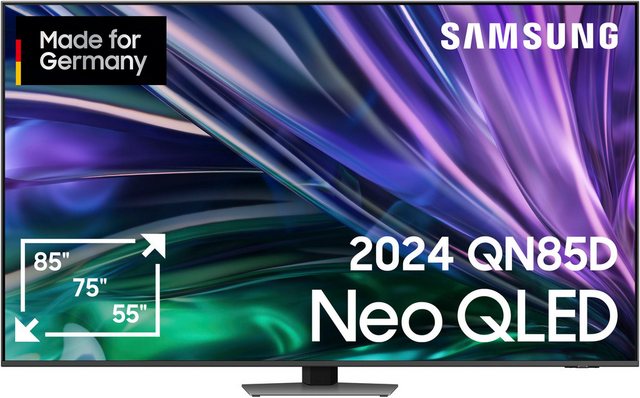 Ausgeklügelter TV in flachem Design Der GQ85QN85DBT ist ein KI Neo QLED-Fernseher von Samsung. Filme lassen sich auf dem großen 85 Zoll (214 cm) 4K Ultra HD-Bildschirm in hoher Auflösung betrachten. Dein Wohnzimmer wird zum Heimkino: Dank des Sourround-Sounds tauchst du regelrecht in das Filmerlebnis ein. Dank WLAN streamst du Lieblingsserien und nutzt abwechslungsreiche Apps inkl. Zugang zu mehr als 900 freien Kanälen