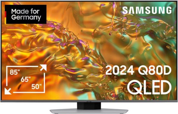 Praktischer Fernseher in flachem Design Der GQ50Q80DAT ist ein KI QLED-Fernseher der Marke Samsung. Filme lassen sich auf dem großen 50 Zoll (125 cm) 4K Ultra HD-Bildschirm in hoher Auflösung betrachten. Tauche ins Filmgeschehen ein und verwandle dein Wohnzimmer dank des Sourround-Sounds in dein eigenes Cinéma. Serien und Filme streamen ist dank WLAN kein Problem. Der TV steht außerdem direkt für die Nutzung von Apps zur Verfügung inkl. dem Zugang zu mehr als 900 freien Kanälen