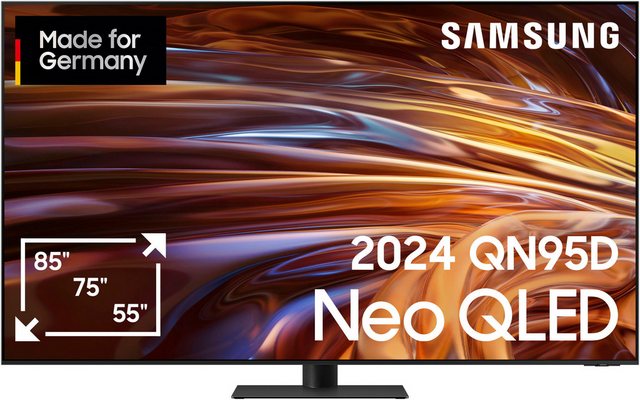 Ein Fernseher für ein Gefühl wie im Kino Der GQ65QN95DAT ist ein KI Neo QLED-Fernseher von Samsung. Filme lassen sich auf dem großen 65 Zoll (163 cm) 4K Ultra HD-Bildschirm in hoher Auflösung betrachten. Mach aus deinem Wohnzimmer einen kleinen Filmpalast und tauch mitten ins Geschehen ein. Mit diesem KI TV streamst du deine Lieblingssendungen kabellos per WLAN und greifst auf verschiedenste Apps zu inkl. Zugang zu mehr als 900 freien Kanälen