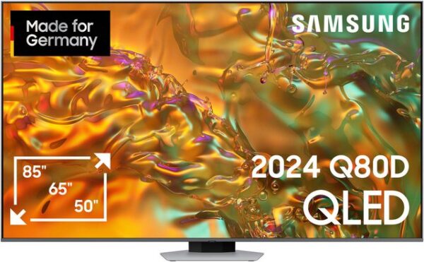 Praktischer Fernseher in flachem Design Der GQ55Q80DAT ist ein KI QLED-Fernseher der Marke Samsung. Filme lassen sich auf dem großen 55 Zoll (139 cm) 4K Ultra HD-Bildschirm in hoher Auflösung betrachten. Tauche ins Filmgeschehen ein und verwandle dein Wohnzimmer dank des Sourround-Sounds in dein eigenes Cinéma. Serien und Filme streamen ist dank WLAN kein Problem. Der TV steht außerdem direkt für die Nutzung von Apps zur Verfügung inkl. dem Zugang zu mehr als 900 freien Kanälen