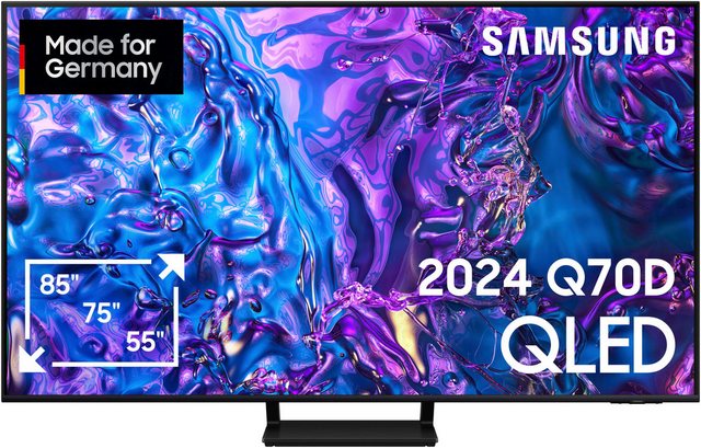 Ein Fernseher für ein Gefühl wie im Kino Der GQ65Q70DAT ist ein KI QLED-Fernseher der Marke Samsung. Filme lassen sich auf dem großen 65 Zoll (163 cm) 4K Ultra HD-Bildschirm in hoher Auflösung betrachten. Tauche ins Filmgeschehen ein und verwandle dein Wohnzimmer dank des Sourround-Sounds in dein eigenes Cinéma. Serien und Filme streamen ist dank WLAN kein Problem. Der TV steht außerdem direkt für die Nutzung von Apps zur Verfügung inkl. dem Zugang zu mehr als 900 freien Kanälen