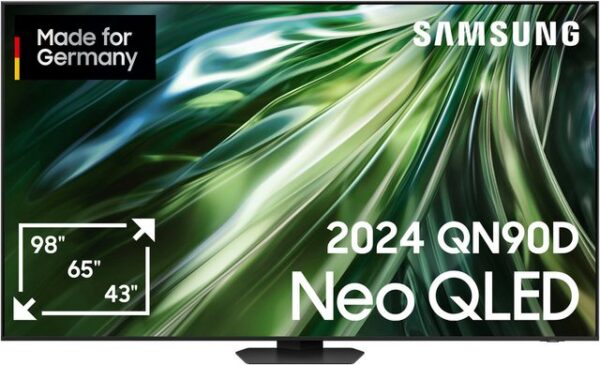 Ein Fernseher für ein Gefühl wie im Kino Der GQ98QN90DAT ist ein KI Neo QLED-Fernseher der Marke Samsung. In sehr hoher Qualität werden Filme auf dem 98 Zoll (247 cm) großen 4K Ultra HD-Bildschirm dargestellt. Mach aus deinem Wohnzimmer dank des Sourround-Sounds einen kleinen Filmpalast und tauch mitten ins Erlebnis ein. Filme streamen ist dank WLAN kein Problem. Der TV steht außerdem direkt für die Nutzung von Apps zur Verfügung. Zugang zu mehr als 900 freien Kanälen