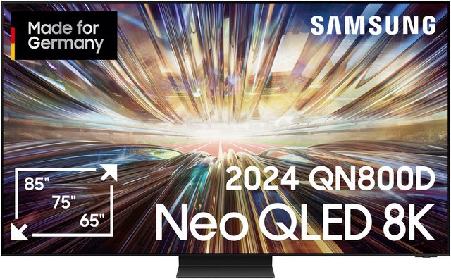 Ein Fernseher für dein persönliches Heimkino Der GQ75QN800DXT ist ein 8K KI Neo QLED-Fernseher von Samsung. Dein Wohnzimmer wird zum Heimkino: Dank des Sourround-Sounds tauchst du auf dem großen Bildschirm regelrecht in das Filmerlebnis ein. Mit diesem TV streamst du deine Lieblingssendungen kabellos per WLAN. Genieße viele internationale Sender mit DVB-S und DVB-T. Das Modell lässt dich weitere Geräte wie Spielekonsole