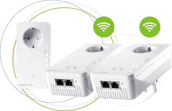 Der schnellste Powerline-Adapter der Welt – jetzt mit 50% mehr WLAN-Power! devolo Magic 2 WiFi 6 bringt Ihr WLAN-Signal mühelos durch Wände und Decken. Und das schneller und reaktionsfreudiger als jeder WiFi 5-PLC-Adapter mit bis zu 1800 Mbit/s. So bietet er ein extrastarkes Signal für viele Nutzer. Endlich WLAN für alle – zeitgleich und im ganzen Zuhause! Zukunftssicher dank G.hn und WiFi 6 Setzen Sie auf modernste Technik – für höchste Geschwindigkeit