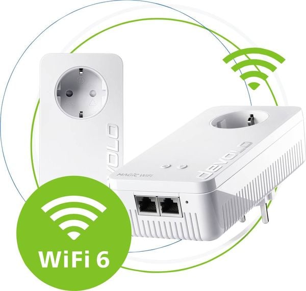 Der schnellste Powerline-Adapter der Welt – jetzt mit 50% mehr WLAN-Power! devolo Magic 2 WiFi 6 bringt Ihr WLAN-Signal mühelos durch Wände und Decken. Und das schneller und reaktionsfreudiger als jeder WiFi 5-PLC-Adapter mit bis zu 1800 Mbit/s. So bietet er ein extrastarkes Signal für viele Nutzer. Endlich WLAN für alle – zeitgleich und im ganzen Zuhause! Zukunftssicher dank G.hn und WiFi 6 Setzen Sie auf modernste Technik – für höchste Geschwindigkeit