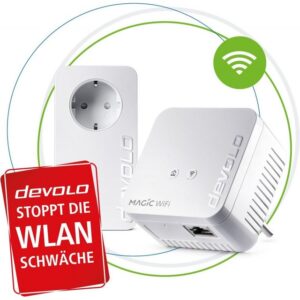 devolo Magic 1 WiFi mini Starter Kit Power WLANDigitalen Lifestyle in jeder Hinsicht bietet der devolo Magic 1 WiFi mini. Mit dem kompakten Adapter im Mini-Design optimieren oder erweitern Sie ganz einfach Ihr Heimnetzwerk. Das dank Mesh-Funktion und G.hn-Technologie auch zukunftssicher ist. Dabei fügt sich der Magic 1 WiFi mini unauffällig in die Umgebung ein und zeigt seine Größe nur da