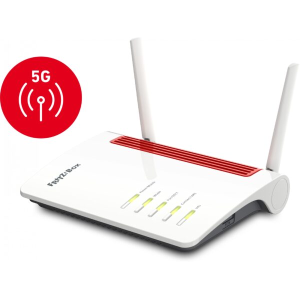 WAN-VerbindungEigenschaft: Ethernet-WANEigenschaft: SIM-Karten-SlotWireless LAN FunktionenWLAN-Band: Dual-Band (2.4 GHz/5 GHz)Top WLAN-Standard: Wi-Fi 5 (802.11ac)WLAN Datentransferrate (max.): 866 Mbit/sWLAN-Standards: 802.11a. 802.11g. Wi-Fi 4 (802.11n). Wi-Fi 5 (802.11ac)WLAN-Datenübertragungsrate (erstes Band): 866 Mbit/sWLAN-Datenübertragungsrate (zweites Band): 400 Mbit/sNetzwerkEigenschaft: Ethernet/LANSchnittstellentyp Ethernet-LAN: Gigabit EthernetEigenschaft: Automatische KanalwahlMobiles NetzwerkMobilfunknetzgenerierung: 5GEigenschaft: 3GEigenschaft: 4GEigenschaft: 5G3G-Standards: HSPA+. UMTS4G LTE-Kategorie: 16unterstützte 4G-Bandbreiten: 1500.3500.3700 MHzSIM-Kartentyp: MiniSIMAnschlüsse und SchnittstellenAnzahl Ethernet-LAN-Anschlüsse (RJ-45): 4USB 3.2 Gen 1 (3.1 Gen 1) Anzahl der Anschlüsse vom Typ A: 1RJ-11 ports Quantität: 1Eigenschaft: Gleichstrom-Anschluss (DC)Management-FunktionenEigenschaft: MIMOSicherheitUnterstützte Sicherheitsalgorithmen: WPA2. WPA3. WPSEigenschaft: FirewallEigenschaft: GastzugangEigenschaft: Netzwerkadressenübersetzung (NAT)ProtokolleEigenschaft: DHCP-ServerEigenschaft: Universal Plug and Play (UPnP)DesignProduktfarbe: Schwarz. Rot. WeißEigenschaft: WandmontageProdukttyp: Tabletop-RouterLieferumfangMitgelieferte Kabel: LAN (RJ-45)Eigenschaft: AC-NetzadapterEigenschaft: Antenne enthaltenEigenschaft: SchnellinstallationsanleitungAntenneAntennen-Design: ExternAntenne Steckertyp: SMAAnzahl der Antennen: 2EnergieEnergiequelle: GleichstromStromverbrauch (Standardbetrieb): 6 WGewicht und AbmessungenBreite: 208 mmTiefe: 150 mmHöhe: 37 mm - Netzwerk-Infrastruktur Router  - FRITZ!Box 6850 5G wireless router