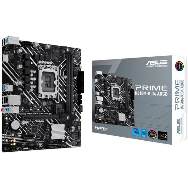 Das ASUS PRIME H610M-K D4 ARGB Mainboard basiert auf dem Intel®-H610-Chipsatz und unterstützt Intel®-Prozessoren für den Sockel 1700. Es verfügt über zwei DDR4-DIMM-Slots im Dual-Channel-Betrieb für bis zu 64 GB Arbeitsspeicher. Zur weiteren Ausstattung des ASUS PRIME H610M-K D4 ARGB gehören ein PCIe-4.0-x16-Slot und ein PCIe-3.0-x1-Slot. Außerdem verfügt das ASUS PRIME H610M-K D4 ARGB über 8-Kanal-Sound