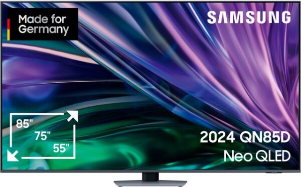 Ausgeklügelter TV in flachem Design Der GQ85QN85DBT ist ein KI Neo QLED-Fernseher von Samsung. Filme lassen sich auf dem großen 85 Zoll (214 cm) 4K Ultra HD-Bildschirm in hoher Auflösung betrachten. Dein Wohnzimmer wird zum Heimkino: Dank des Sourround-Sounds tauchst du regelrecht in das Filmerlebnis ein. Dank WLAN streamst du Lieblingsserien und nutzt abwechslungsreiche Apps inkl. Zugang zu mehr als 900 freien Kanälen