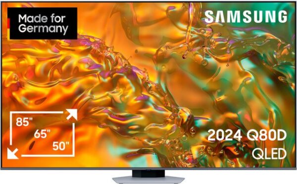 Praktischer Fernseher in flachem Design Der GQ55Q80DAT ist ein KI QLED-Fernseher der Marke Samsung. Filme lassen sich auf dem großen 55 Zoll (139 cm) 4K Ultra HD-Bildschirm in hoher Auflösung betrachten. Tauche ins Filmgeschehen ein und verwandle dein Wohnzimmer dank des Sourround-Sounds in dein eigenes Cinéma. Serien und Filme streamen ist dank WLAN kein Problem. Der TV steht außerdem direkt für die Nutzung von Apps zur Verfügung inkl. dem Zugang zu mehr als 900 freien Kanälen