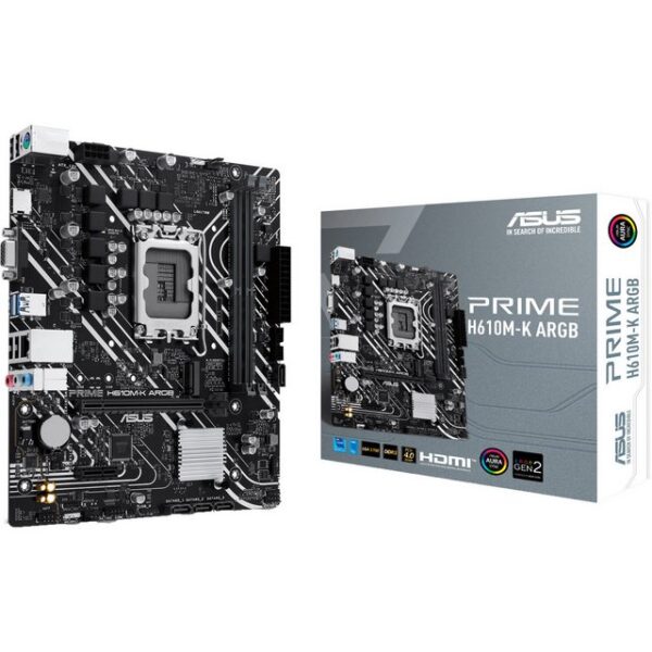 Das ASUS PRIME H610M-K ARGB Mainboard basiert auf dem Intel®-H610-Chipsatz und unterstützt Intel®-Prozessoren für den Sockel 1700. Es verfügt über zwei DDR5-DIMM-Slots im Dual-Channel-Betrieb für bis zu 96 GB Arbeitsspeicher. Zur weiteren Ausstattung des ASUS PRIME H610M-K ARGB gehören ein PCIe-4.0-x16-Slot und ein PCIe-3.0-x1-Slot. Außerdem verfügt das ASUS PRIME H610M-K ARGB über 8-Kanal-Sound