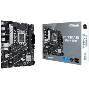 Das ASUS PRIME B760M-R D4 Mainboard basiert auf dem Intel®-B760-Chipsatz und unterstützt Intel®-Prozessoren für den Sockel 1700 der 13ten und 12ten Generation. Es verfügt über zwei DDR4-DIMM-Slots im Dual-Channel-Betrieb für bis zu 64 GB Arbeitsspeicher. Zur weiteren Ausstattung des ASUS PRIME B760M-R D4 gehören ein PCIe-4.0-x16-Slot und zwei PCIe-4.0-x1-Slots. Außerdem verfügt das ASUS PRIME B760M-R D4 über 8-Kanal-Sound