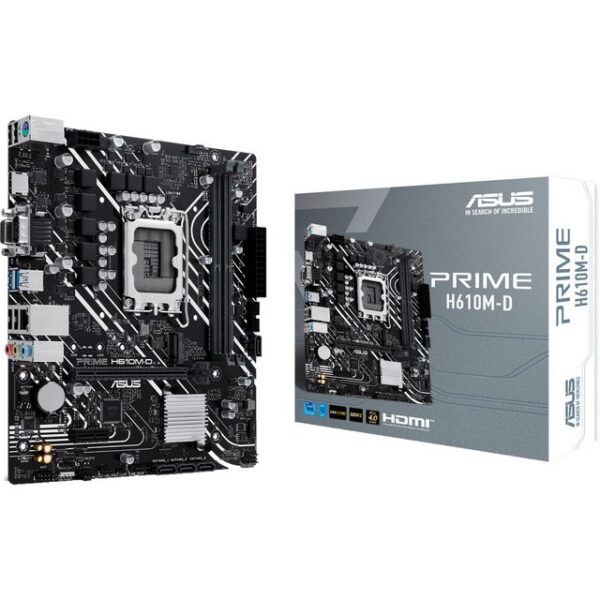 Das PRIME H610M-D Mainboard basiert auf dem Intel®-H610-Chipsatz und unterstützt Intel®-Prozessoren für den Sockel 1700 . Es verfügt über zwei DDR5-DIMM-Slots im Dual-Channel-Betrieb für bis zu 96 GB Arbeitsspeicher. Zur weiteren Ausstattung des ASUS PRIME H610M-D gehören ein PCIe-4.0-x16-Slot und ein PCIe-3.0-x1-Slot. Außerdem verfügt das ASUS PRIME H610M-D über 8-Kanal-Sound