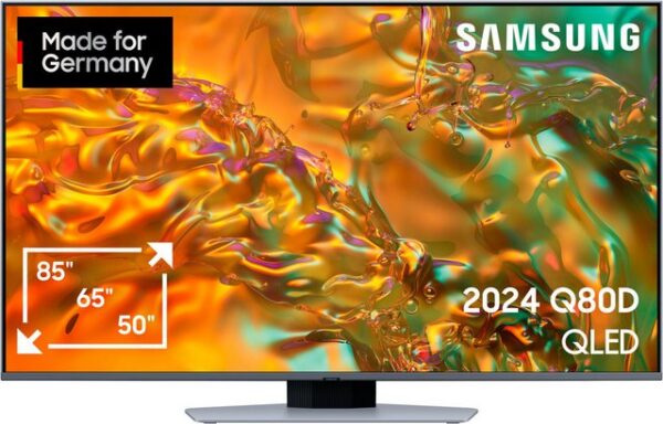 Praktischer Fernseher in flachem Design Der GQ50Q80DAT ist ein KI QLED-Fernseher der Marke Samsung. Filme lassen sich auf dem großen 50 Zoll (125 cm) 4K Ultra HD-Bildschirm in hoher Auflösung betrachten. Tauche ins Filmgeschehen ein und verwandle dein Wohnzimmer dank des Sourround-Sounds in dein eigenes Cinéma. Serien und Filme streamen ist dank WLAN kein Problem. Der TV steht außerdem direkt für die Nutzung von Apps zur Verfügung inkl. dem Zugang zu mehr als 900 freien Kanälen