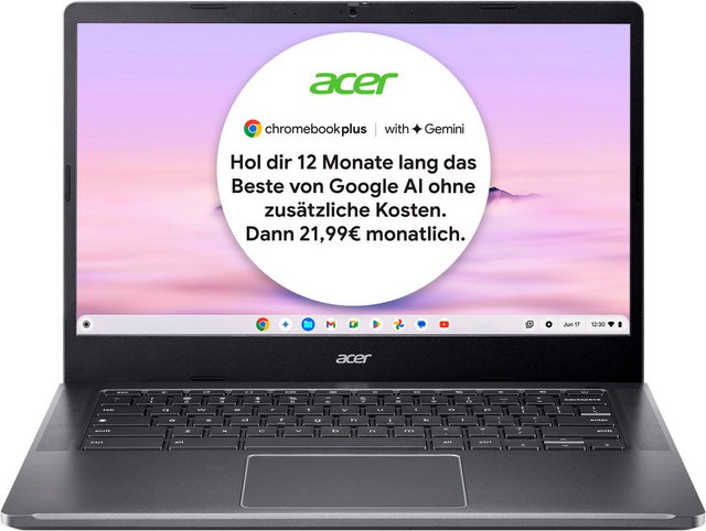 Komfortables Notebook für jeden Tag Das Chromebook Plus (CB514-4H-364N) ist ein Notebook der Marke Acer. Erlebe ein hochauflösendes Bild auf dem praktischen 14 Zoll-Display. Der Laptop kommt dank einer Akkulaufzeit von bis zu 11 Stunden problemlos den ganzen Arbeitstag ohne Strom aus. Google ChromeOS ist vorinstalliert und so steht deiner Produktivität von Beginn an nichts im Weg. Per USB- und HDMI-Schnittstelle kannst du Drucker und andere Peripheriegeräte oder einen Bildschirm an das Notebook anschließen. In der Frontseite ist eine Kamera eingebaut