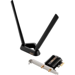 Der ASUS PCE-AXE59BT5.2 ist ein PCIe x1 WiFi 6E Adapter mit 2 externen Antennen und magnetisiertem Sockel. Der ASUS PCE-AXE59BT5.2 unterstützt 6GHz Band