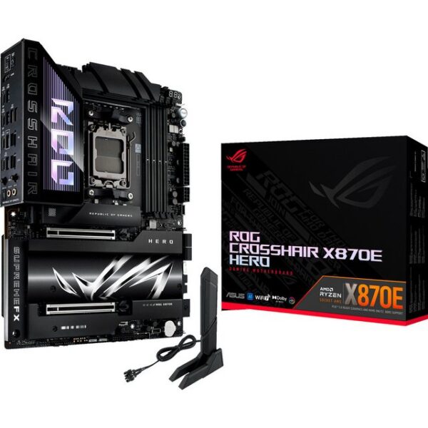 Das ASUS ROG CROSSHAIR X870E HERO basiert auf dem AMD-X870E-Chipsatz und unterstützt AMD-Prozessoren für den Sockel AM5. Es verfügt über vier DDR5-Slots für bis zu 192 GB Arbeitsspeicher. Zur weiteren Ausstattung des ASUS ROG CROSSHAIR X870E HERO gehören ein PCIe-5.0-x16-Slot und ein PCIe-4.0-x16-Slot (x8 Lanes). Außerdem verfügt das ASUS ROG CROSSHAIR X870E HERO über 8-Kanal-Sound