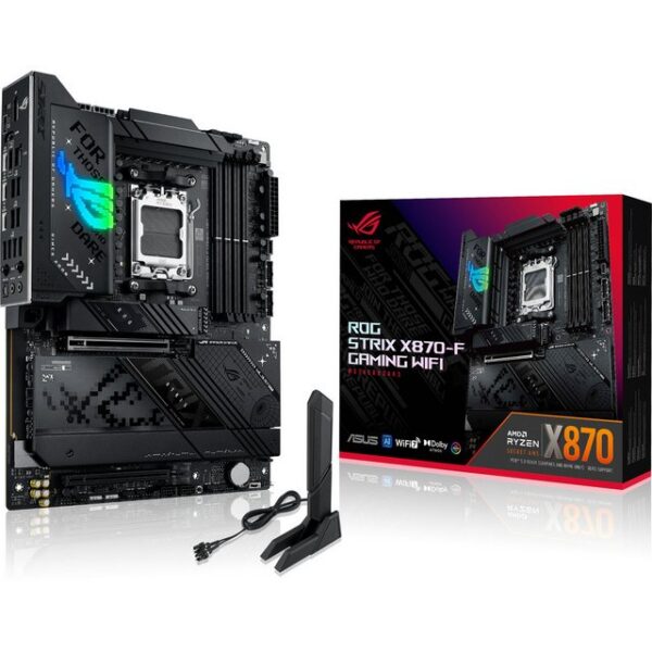 Das ASUS ROG STRIX X870-F GAMING WIFI basiert auf dem AMD-X870-Chipsatz und unterstützt AMD-Prozessoren für den Sockel AM5. Es verfügt über vier DDR5-Slots für bis zu 192 GB Arbeitsspeicher. Zur weiteren Ausstattung des ASUS ROG STRIX X870-F GAMING WIFI gehören ein PCIe-5.0-x16-Slot