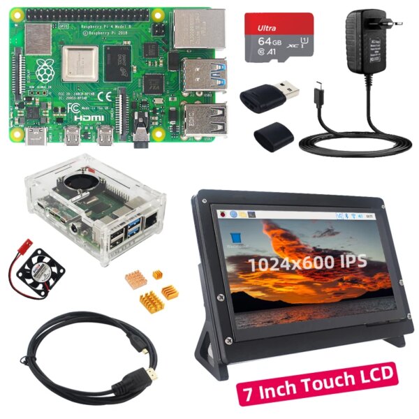 Raspberry Pi 4 Modell B 2 4 8 GB RAM + 7 inch IPS Touch Screen + Halter + 64 32 GB TF Karte + Fan +