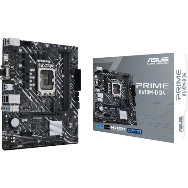 Das ASUS PRIME H610M-D D4 Mainboard basiert auf dem Intel®-H610-Chipsatz und unterstützt Intel®-Prozessoren für den Sockel 1700 der 12ten Generation. Es verfügt über zwei DDR4-DIMM-Slots im Dual-Channel-Betrieb für bis zu 64 GB Arbeitsspeicher. Zur weiteren Ausstattung des ASUS PRIME H610M-D D4 gehören ein PCIe-4.0-x16-SlotNe und ein PCIe-3.0-x1-Slot. Außerdem verfügt das ASUS PRIME H610M-D D4 über 8-Kanal-Sound