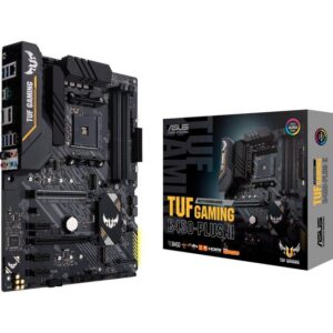 Das ASUS TUF GAMING B450-PLUS II basiert auf dem AMD-B450-Chipsatz und unterstützt AMD-Prozessoren für den Sockel AM4. Es verfügt über vier DDR4-Slots für bis zu 128 GB Arbeitsspeicher. Zur weiteren Ausstattung des TUF GAMING B450-PLUS II gehört eine CPU-abhängige Grafiklösung