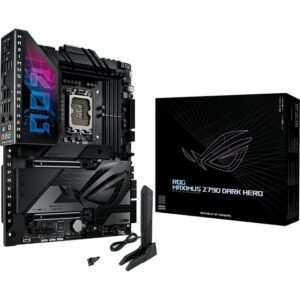 Das ASUS ROG MAXIMUS Z790 DARK HERO Mainboard basiert auf dem Intel®-Z790-Chipsatz und unterstützt Intel®-Prozessoren für den Sockel 1700. Es verfügt über vier DDR5-DIMM-Slots im Dual-Channel-Betrieb für bis zu 192 GB Arbeitsspeicher. Zur weiteren Ausstattung des ASUS ROG MAXIMUS Z790 DARK HERO gehören zwei PCIe-5.0-x16-Slots und ein PCIe-4.0-x4-Slot. Außerdem verfügt das ASUS ROG MAXIMUS Z790 DARK HERO über 8-Kanal-Sound