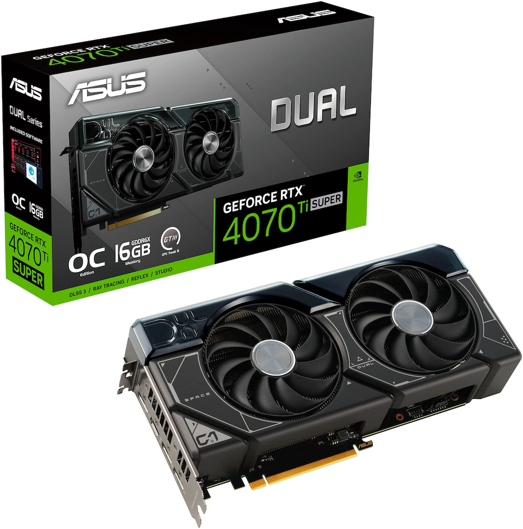 Die ASUS Dual GeForce RTX™ 4070 Ti SUPER vereint dynamische Kühlleistung mit breiter Kompatibilität. Hochentwickelte Kühllösungen von Flaggschiff-Grafikkarten - darunter zwei Axial-Tech-Lüfter zur Maximierung des Luftstroms zum Kühlkörper - sind in die 26