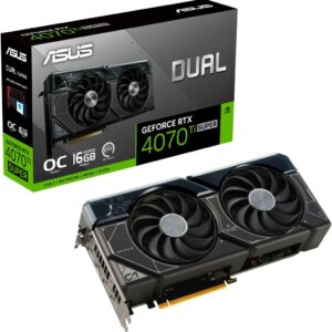 Die ASUS Dual GeForce RTX™ 4070 Ti SUPER vereint dynamische Kühlleistung mit breiter Kompatibilität. Hochentwickelte Kühllösungen von Flaggschiff-Grafikkarten - darunter zwei Axial-Tech-Lüfter zur Maximierung des Luftstroms zum Kühlkörper - sind in die 26