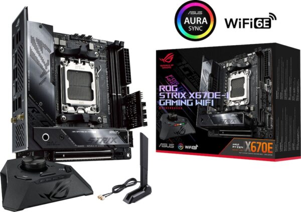 ROG STRIX X670E-I GAMING WIFI Das ROG Strix X670E-I Gaming WiFi packt die neueste Technologie in das winzige Mini-ITX-Gehäuse und bietet mit dem ROG Hive alle wichtigen Bedienelemente und Ein- und Ausgänge in Reichweite. Auf der Mainboard-Ebene sorgen PCIe 5.0-Steckplätze für Grafik und Speicher neben Dual-Channel-DDR5 für große Bandbreite bei Spielen und CPU-intensiven Workloads. Die starke Stromversorgung und die vertikal gestapelten Kühlkörper sorgen für eine optimale Wärmeabfuhr und bilden die Grundlage für die exklusiven ROG-Übertaktungstools