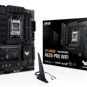 ASUS TUF GAMING A620-PRO WIFI vereint alle wesentlichen Elemente der AMD Ryzen 7000-Prozessoren und kombiniert sie mit spielbereiten Funktionen und bewährter Haltbarkeit. Dieses Motherboard wurde mit Komponenten in Militärqualität