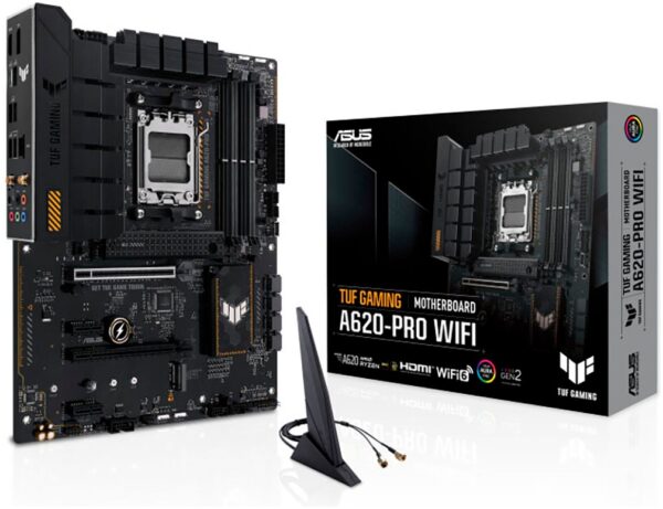 ASUS TUF GAMING A620-PRO WIFI vereint alle wesentlichen Elemente der AMD Ryzen 7000-Prozessoren und kombiniert sie mit spielbereiten Funktionen und bewährter Haltbarkeit. Dieses Motherboard wurde mit Komponenten in Militärqualität