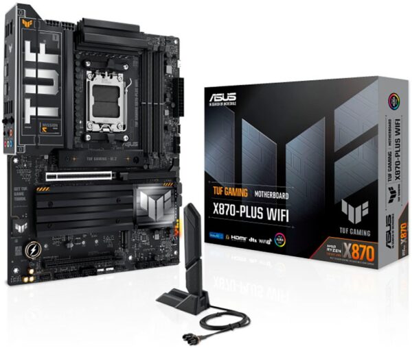 ASUS TUF GAMING X870-PLUS WIFI vereint alle wesentlichen Elemente der neuesten AMD Ryzen™-Prozessoren und kombiniert sie mit spielbereiten Funktionen und bewährter Haltbarkeit. Ausgestattet mit Komponenten in Militärqualität