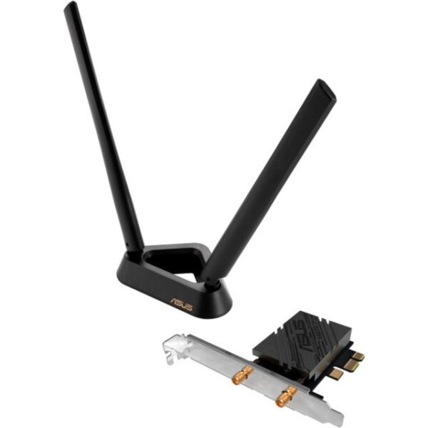 Der ASUS PCE-BE92BT ist ein PCIe x1 WiFi 7 Adapter mit 2 externen Antennen und magnetisiertem Sockel. Der ASUS PCE-BE92BT unterstützt 6GHz Band