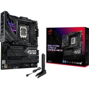 Das ASUS ROG STRIX Z790-E GAMING WIFI II Mainboard basiert auf dem Intel®-Z790-Chipsatz und unterstützt Intel®-Prozessoren für den Sockel 1700. Es verfügt über vier DDR5-DIMM-Slots im Dual-Channel-Betrieb für bis zu 192 GB Arbeitsspeicher. Zur weiteren Ausstattung des ASUS ROG STRIX Z790-E GAMING WIFI II gehören ein PCIe-5.0-x16-Slot