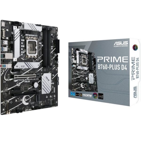 Das ASUS PRIME B760-PLUS D4 Mainboard basiert auf dem Intel®-B760-Chipsatz und unterstützt Intel®-Prozessoren für den Sockel 1700 der 13ten und 12ten Generation. Es verfügt über vier DDR4-DIMM-Slots im Dual-Channel-Betrieb für bis zu 128 GB Arbeitsspeicher. Zur weiteren Ausstattung des ASUS PRIME B760-PLUS D4 gehören drei PCIe-4.0-x16-Slots. Außerdem verfügt das ASUS PRIME B760-PLUS D4 über 8-Kanal-Sound