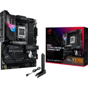 Das ASUS ROG STRIX X870E-E GAMING WIFI basiert auf dem AMD-X870E-Chipsatz und unterstützt AMD-Prozessoren für den Sockel AM5. Es verfügt über vier DDR5-Slots für bis zu 192 GB Arbeitsspeicher. Zur weiteren Ausstattung des ASUS ROG STRIX X870E-E GAMING WIFI gehören ein PCIe-5.0-x16-Slot und ein PCIe-4.0-x16-Slot (x4 Lanes). Außerdem verfügt das ASUS ROG STRIX X870E-E GAMING WIFI über 8-Kanal-Sound