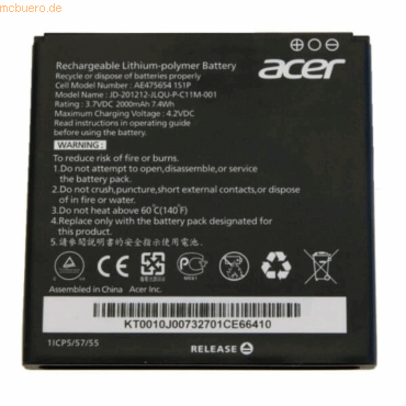 Originalakku von Acer; zur Verwendung für Acer Liquid E2/Liquid E2 Duo; es handelt sich um einen Li-Ion-Akku; die Spannung beträgt 3