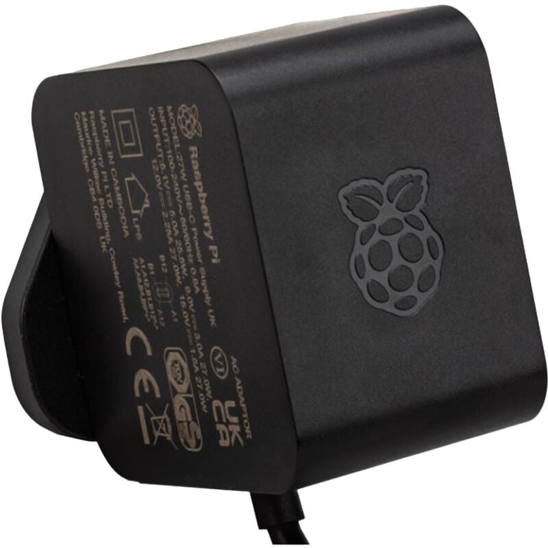 Offizielles Stecker-Schaltnetzteil für den Raspberry Pi 5 mit USB-C Ausgang. Dieses hocheffiziente 27 W Netzteil bietet Standard-PD (Power Delivery) mit 5 V/ 3 A