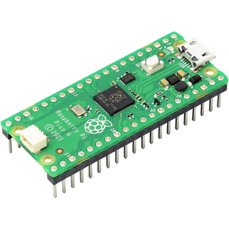 Überblick MCU-Board auf der Basis des 32-Bit-Mikrocontrollers RP2040 2x 133 MHz getaktete ARM Cortex-M0+ Kerne sowie 264 KB RAM Acht programmierbare I/O-(PIO-)Zustandsmaschinen 2 MB QSPI-Flash-Speicher 25 der 30 GPIO-Pins sind auf Erweiterungsstecker herausgeführt Programmierung über MicroPython oder C/C++ 3-Pin JTAG Konnektor Vorinstallierte 40-Pin I/O Pinleiste Beschreibung Der Raspberry Pi® Pico H ist ein kleines