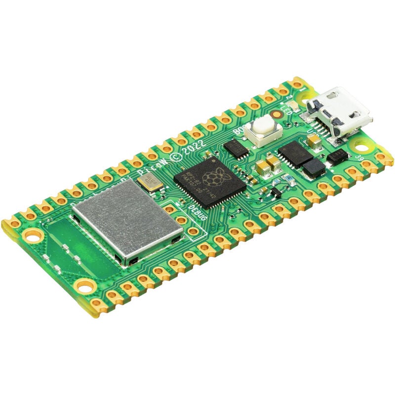 Überblick MCU-Board auf der Basis des 32-Bit-Mikrocontrollers RP2040 2x 133 MHz getaktete ARM Cortex-M0+ Kerne sowie 264 KB RAM Acht programmierbare I/O-(PIO-)Zustandsmaschinen 2 MB QSPI-Flash-Speicher 25 der 30 GPIO-Pins sind auf Erweiterungsstecker herausgeführt Programmierung über MicroPython oder C/C++ 3-Pin ARM Serial Wire Debug (SWD)-Anschluss Infineon CYW43439 Wireless-Chip IEEE 802.11 b/g/n Wireless LAN und Bluetooth 5.2 Beschreibung Der Raspberry Pi® Pico W ist ein kleines